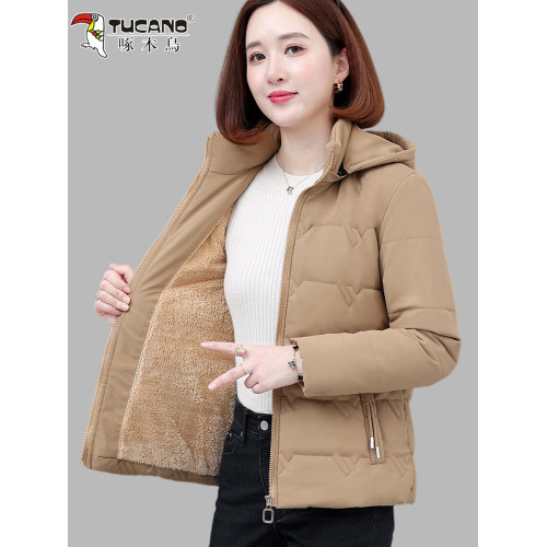 啄木鳥加絨羽絨棉服女冬裝2025新款小個子短款中年連帽棉衣外套 啄木鳥加絨羽絨棉服女冬裝2025新款小個子短款中年連帽棉衣外套