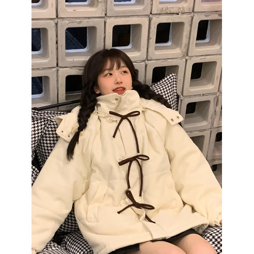 小個子oversize白色羽絨服女冬季可愛蝴蝶結學院加厚麵包棉服外套 小個子oversize白色羽絨服女冬季可愛蝴蝶結學院加厚麵包棉服外套