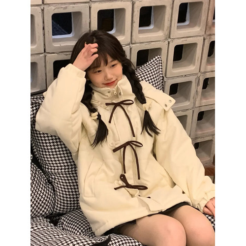 小個子oversize白色羽絨服女冬季可愛蝴蝶結學院加厚麵包棉服外套 小個子oversize白色羽絨服女冬季可愛蝴蝶結學院加厚麵包棉服外套