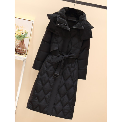 黑色長款棉服女2025新款冬季爆款歐貨菱格夾棉衣收腰羽絨棉襖外套