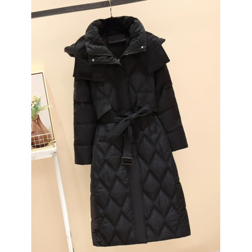 黑色長款棉服女2025新款冬季爆款歐貨菱格夾棉衣收腰羽絨棉襖外套