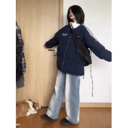 國潮美式條紋棉衣棉服女2025冬季新款學生寬松情侶加厚棉襖外套潮