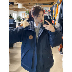 KSKM藏藍色派克服女2025秋冬季加厚高級感中長款工裝羽絨棉服外套