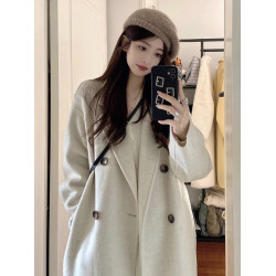 燕麥色韓系高級感毛呢大衣女2025新款秋冬季小個子中長款呢子外套