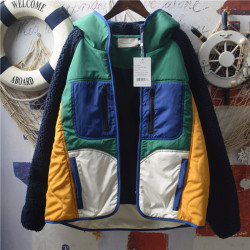 日系軟妹原宿風童趣拼接撞色寬松工裝連帽薄款羊羔毛棉衣外套少女