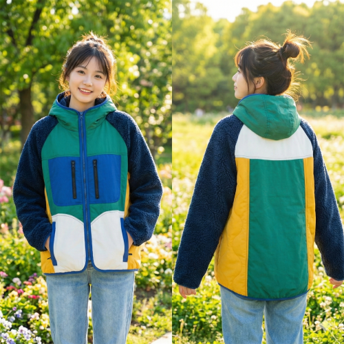 日系軟妹原宿風童趣拼接撞色寬鬆工裝連帽薄款羊羔毛棉衣外套少女