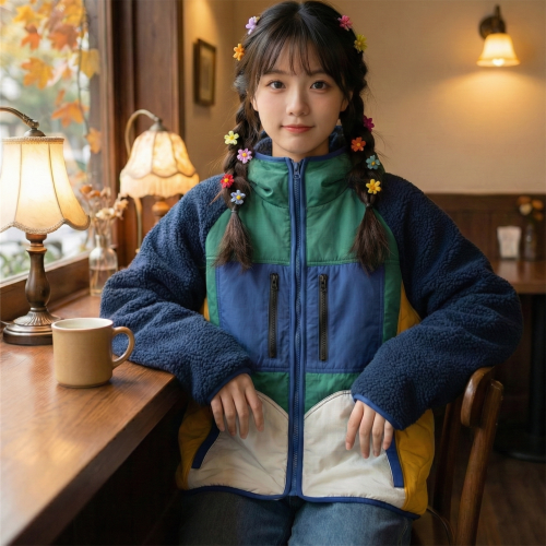 日系軟妹原宿風童趣拼接撞色寬鬆工裝連帽薄款羊羔毛棉衣外套少女