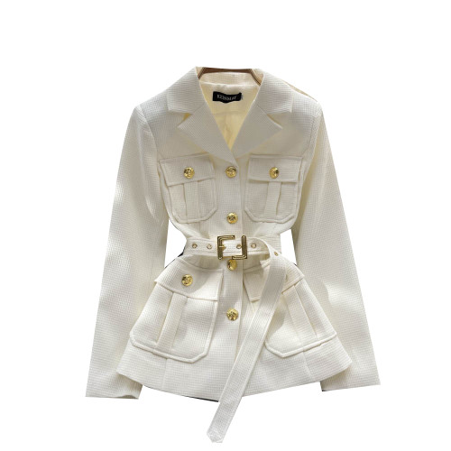 歐美港風風2022秋冬新款設計感紐釦收腰綁帶中長款法式小香風外套