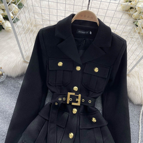 歐美港風風2022秋冬新款設計感紐釦收腰綁帶中長款法式小香風外套