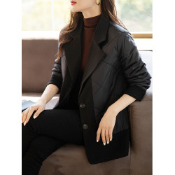 九月陌墨西裝領拼接羽絨棉服女秋冬菱格寬松洋氣外套歐洲站款歐貨