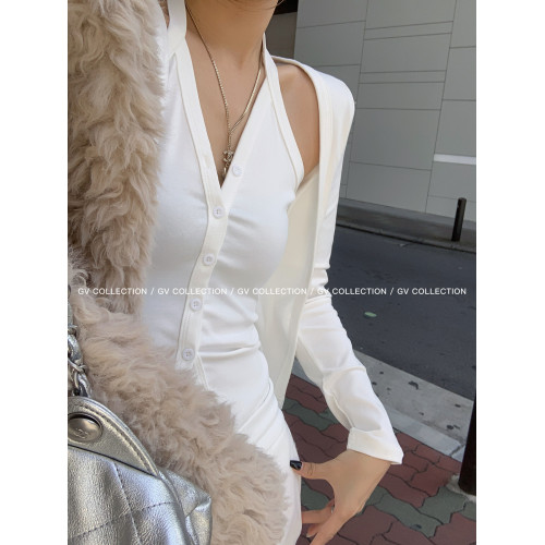 GV大白哥 Bi入！簡約心機 假兩件吊帶掛脖上衣性感小衆修身開衫女