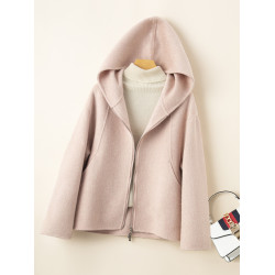 小個子毛呢外套女2024冬季新款粉色連帽短款拉鍊式雙面呢子大衣女