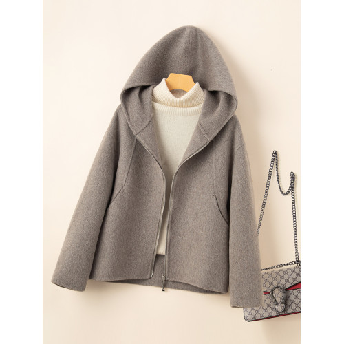 小個子毛呢外套女2024冬季新款粉色連帽短款拉鍊式雙面呢子大衣女 小個子毛呢外套女2024冬季新款粉色連帽短款拉鍊式雙面呢子大衣女