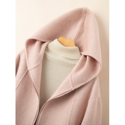 小個子毛呢外套女2024冬季新款粉色連帽短款拉鍊式雙面呢子大衣女 小個子毛呢外套女2024冬季新款粉色連帽短款拉鍊式雙面呢子大衣女