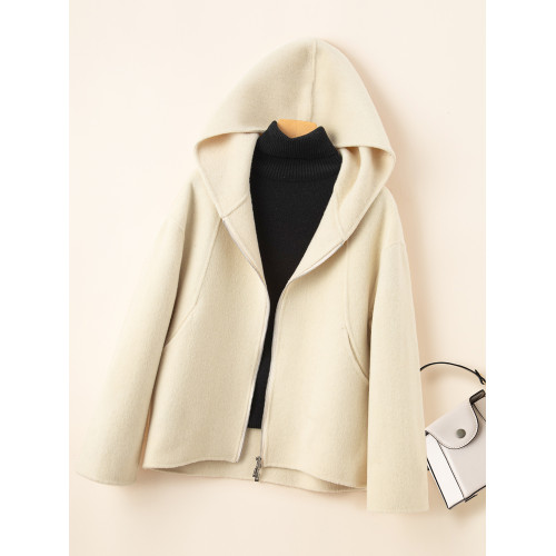 小個子毛呢外套女2024冬季新款粉色連帽短款拉鍊式雙面呢子大衣女 小個子毛呢外套女2024冬季新款粉色連帽短款拉鍊式雙面呢子大衣女