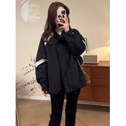 韓版立領拼色沖鋒衣外套女2024秋冬新款夾棉加厚休閒寬松顯瘦上衣