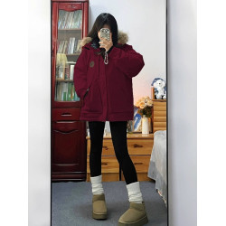 卡盛酒紅色本命年派克羽絨棉服女2025新款新年衣服大毛領工裝棉衣