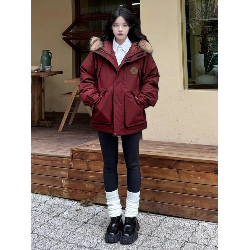 卡盛酒紅色本命年派克羽絨棉服女2025新款新年衣服大毛領工裝棉衣 卡盛酒紅色本命年派克羽絨棉服女2025新款新年衣服大毛領工裝棉衣