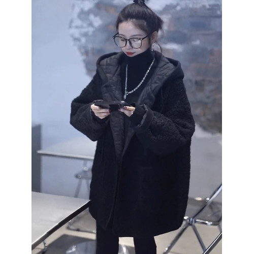 羊羔毛連帽棉服外套女秋冬季2025新款寬鬆中長款夾棉加厚棉衣棉襖