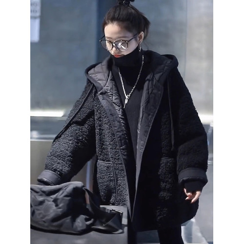 羊羔毛連帽棉服外套女秋冬季2025新款寬鬆中長款夾棉加厚棉衣棉襖