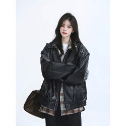 美拉德棕色機車PU皮衣外套女秋冬季中性風美式復古街頭寬松夾克潮