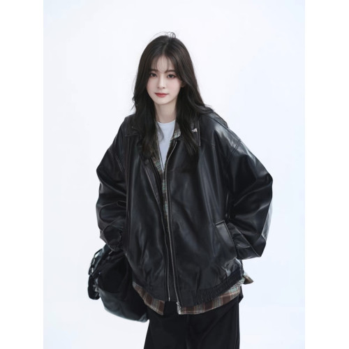 美拉德棕色機車PU皮衣外套女秋冬季中性風美式復古街頭寬松夾克潮 美拉德棕色機車PU皮衣外套女秋冬季中性風美式復古街頭寬松夾克潮