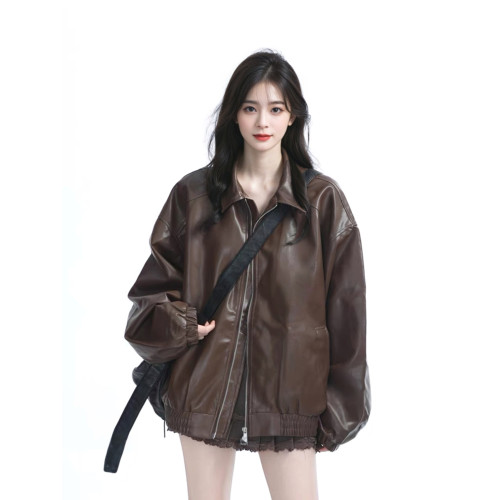 美拉德棕色機車PU皮衣外套女秋冬季中性風美式復古街頭寬松夾克潮 美拉德棕色機車PU皮衣外套女秋冬季中性風美式復古街頭寬松夾克潮