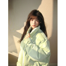 大碼淺綠色PU皮棉衣棉服外套女冬季防風加厚小衆oversize麵包服潮