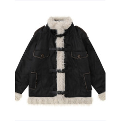 皮毛一體羊羔毛外套女冬季美式麂皮絨高級感加絨加厚立領機車棉服