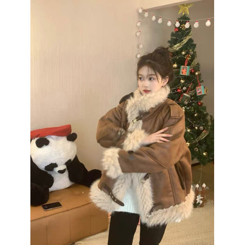 皮毛一體羊羔毛外套女冬季美式麂皮絨高級感加絨加厚立領機車棉服 皮毛一體羊羔毛外套女冬季美式麂皮絨高級感加絨加厚立領機車棉服