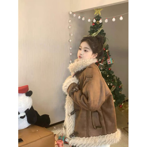 皮毛一體羊羔毛外套女冬季美式麂皮絨高級感加絨加厚立領機車棉服 皮毛一體羊羔毛外套女冬季美式麂皮絨高級感加絨加厚立領機車棉服