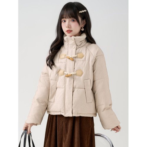帛卡琪2025秋冬新款立領牛角釦羽絨棉服外套女短款拉鍊麵包服棉襖