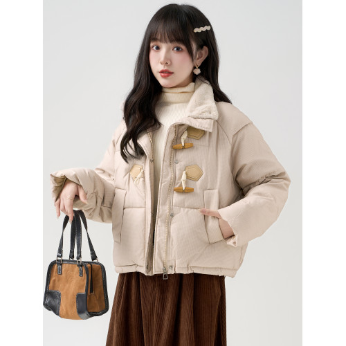 帛卡琪2025秋冬新款立領牛角釦羽絨棉服外套女短款拉鍊麵包服棉襖
