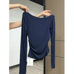 藏藍色秋季露鎖骨長袖T恤女褶皺收腰一字領斜角露肩獨特別致上衣