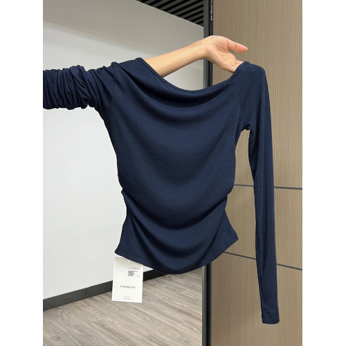 藏藍色秋季露鎖骨長袖T恤女褶皺收腰一字領斜角露肩獨特別致上衣