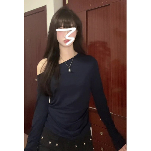 藏藍色秋季露鎖骨長袖T恤女褶皺收腰一字領斜角露肩獨特別致上衣