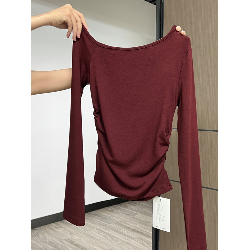 藏藍色秋季露鎖骨長袖T恤女褶皺收腰一字領斜角露肩獨特別致上衣