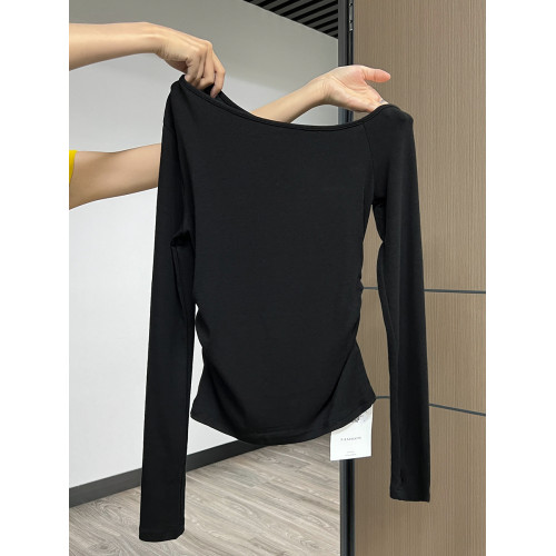 藏藍色秋季露鎖骨長袖T恤女褶皺收腰一字領斜角露肩獨特別致上衣