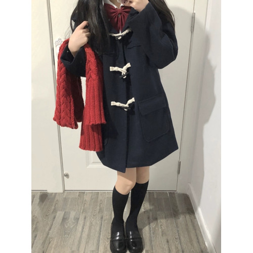 JK校供感牛角釦大衣女秋冬季日系學院風小個子毛呢外套夾棉加厚款