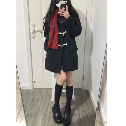 JK校供感牛角釦大衣女秋冬季日系學院風小個子毛呢外套夾棉加厚款