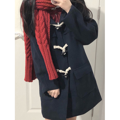 JK校供感牛角釦大衣女秋冬季日系學院風小個子毛呢外套夾棉加厚款