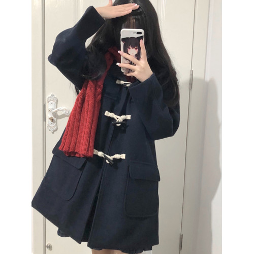 JK校供感牛角釦大衣女秋冬季日系學院風小個子毛呢外套夾棉加厚款