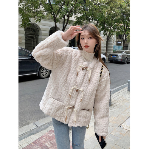 羊羔毛外套女冬短款皮毛一體寬松毛毛絨牛角釦圓領羊毛羔百搭學生 羊羔毛外套女冬短款皮毛一體寬松毛毛絨牛角釦圓領羊毛羔百搭學生