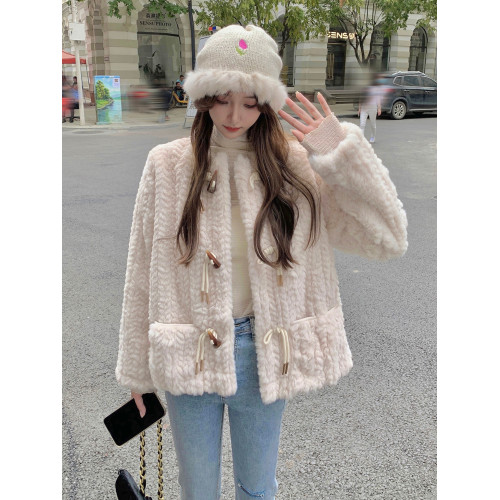 羊羔毛外套女冬短款皮毛一體寬松毛毛絨牛角釦圓領羊毛羔百搭學生 羊羔毛外套女冬短款皮毛一體寬松毛毛絨牛角釦圓領羊毛羔百搭學生