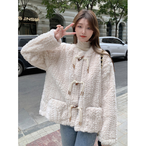 羊羔毛外套女冬短款皮毛一體寬松毛毛絨牛角釦圓領羊毛羔百搭學生 羊羔毛外套女冬短款皮毛一體寬松毛毛絨牛角釦圓領羊毛羔百搭學生