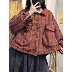 撿漏專櫃尾單夾棉加厚格紋麻料棉衣外套女冬遮肚顯瘦保暖棉服棉襖