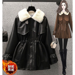 女裝冬季新款時尚氣質收腰皮毛一體機車服寬松加絨毛領皮衣外套潮