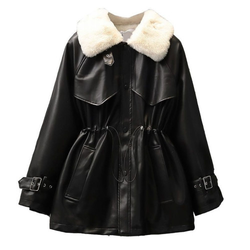 女裝冬季新款時尚氣質收腰皮毛一體機車服寬松加絨毛領皮衣外套潮 女裝冬季新款時尚氣質收腰皮毛一體機車服寬松加絨毛領皮衣外套潮