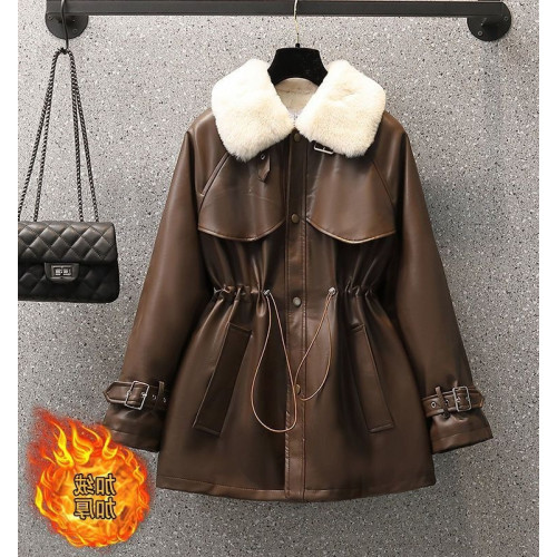 女裝冬季新款時尚氣質收腰皮毛一體機車服寬松加絨毛領皮衣外套潮 女裝冬季新款時尚氣質收腰皮毛一體機車服寬松加絨毛領皮衣外套潮