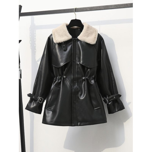 女裝冬季新款時尚氣質收腰皮毛一體機車服寬松加絨毛領皮衣外套潮 女裝冬季新款時尚氣質收腰皮毛一體機車服寬松加絨毛領皮衣外套潮